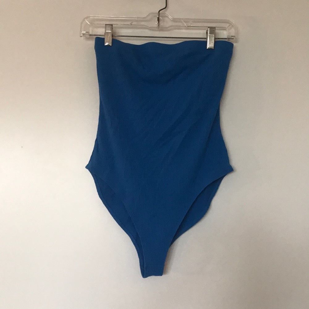 Blue Strapless Ribbed Bodysuit